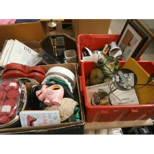 147 - Four boxes inc hair curlers, lamps, LPs, etc