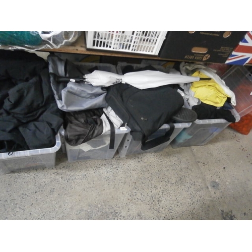 169 - Four plastic storage boxes containing clothing
