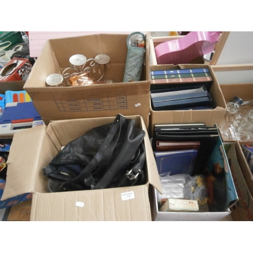 172 - Four boxes inc photo albums, candelabra, lampshade, handbags, etc