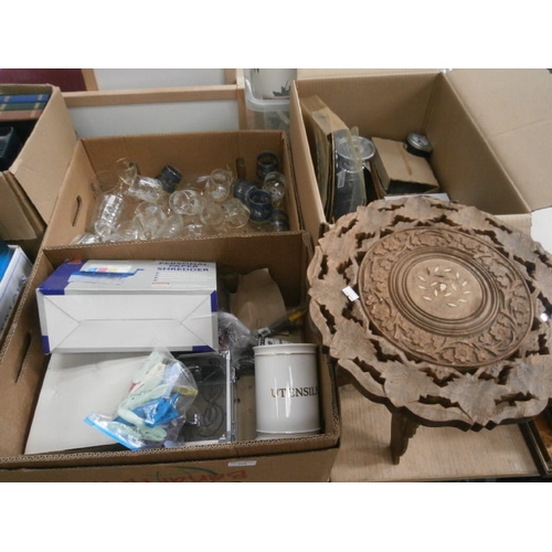 173 - Three boxes inc glassware, paper shredder, small carved table, etc
