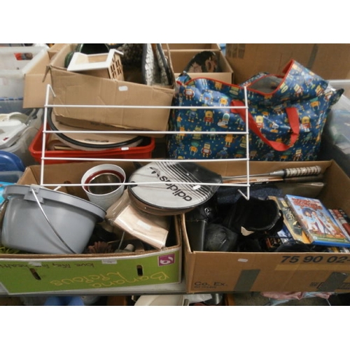 178 - Four boxes and bag inc vases, DVDs, badminton rackets, pans, etc