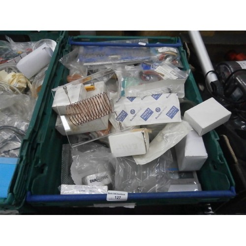 127 - Two boxes of electronic hardware, etc