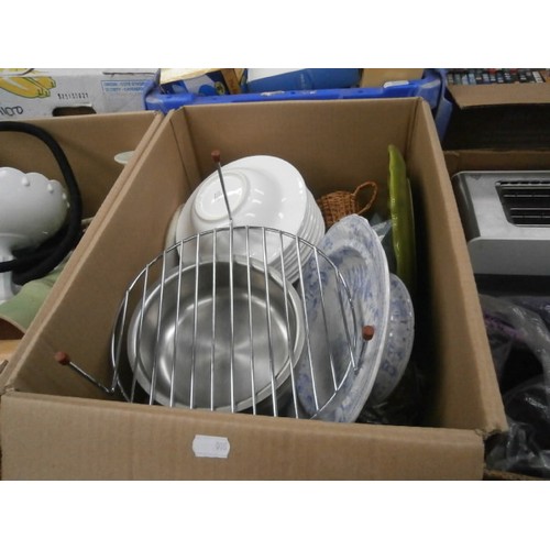 129 - Three boxes inc toaster, crockery, vases, etc