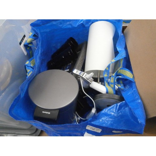 130 - Bag and box inc George Foreman grill, crockery, lamp, bin, etc