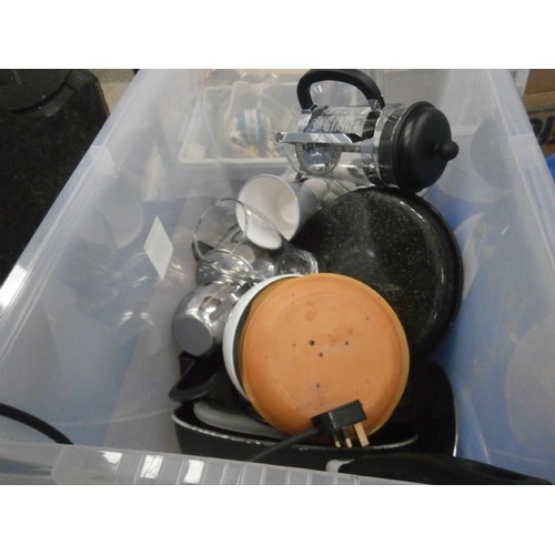 130 - Bag and box inc George Foreman grill, crockery, lamp, bin, etc