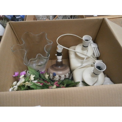 138 - Four boxes inc crockery, glassware, lamps, ornaments, etc