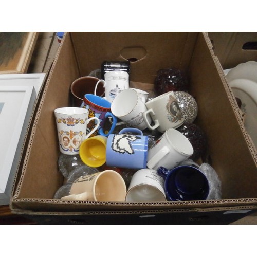 140 - Four boxes inc mugs, wigs, placemats, ceramic pots, etc