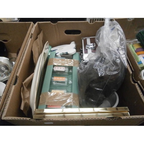 140 - Four boxes inc mugs, wigs, placemats, ceramic pots, etc