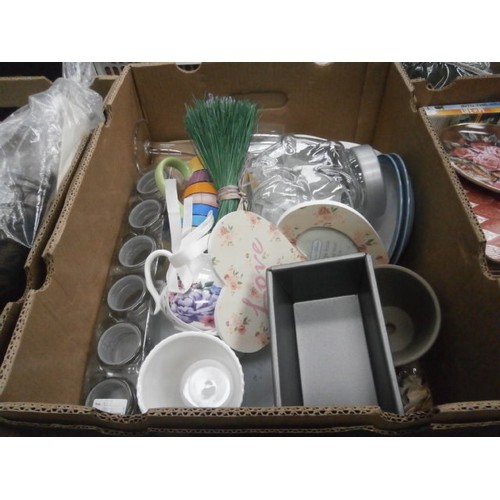 140 - Four boxes inc mugs, wigs, placemats, ceramic pots, etc