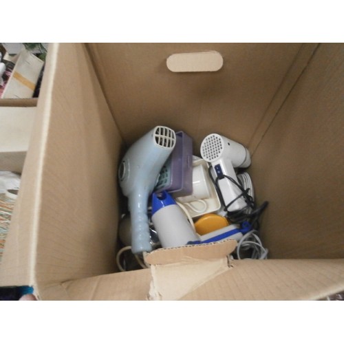 142 - Four boxes inc glassware, mugs, old hair dryers, crockery, etc