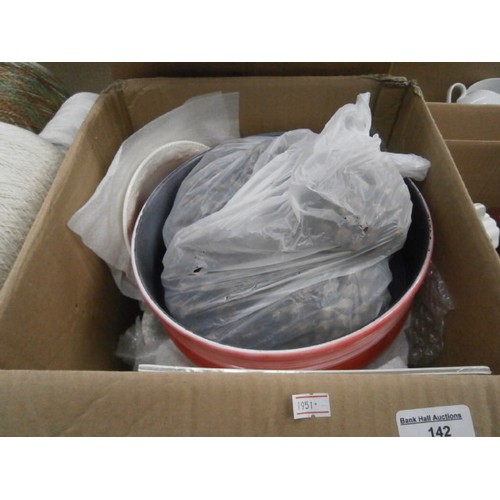 142 - Four boxes inc glassware, mugs, old hair dryers, crockery, etc