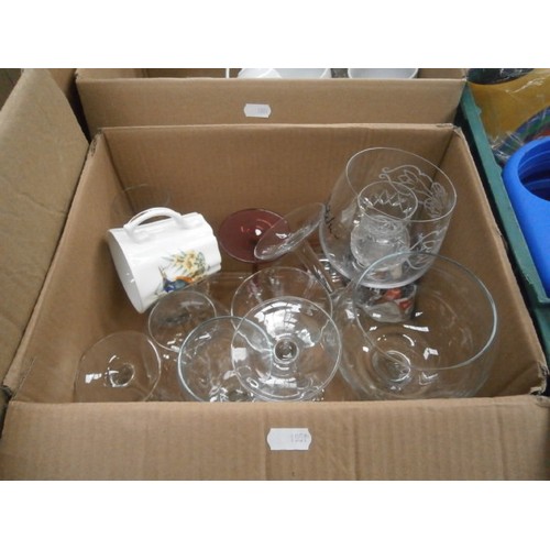 142 - Four boxes inc glassware, mugs, old hair dryers, crockery, etc