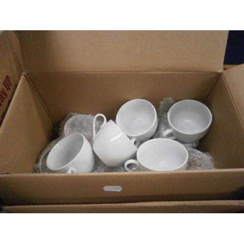 142 - Four boxes inc glassware, mugs, old hair dryers, crockery, etc