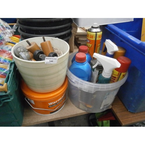144 - Lot inc maintenance chemicals, plastic bins, bread bin, etc