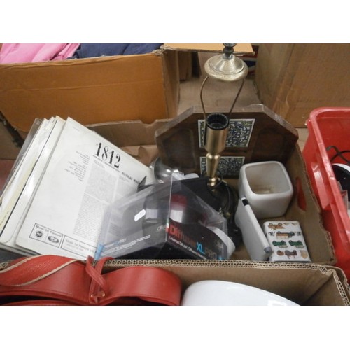 147 - Four boxes inc hair curlers, lamps, LPs, etc