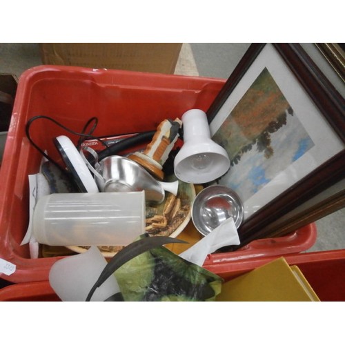 147 - Four boxes inc hair curlers, lamps, LPs, etc
