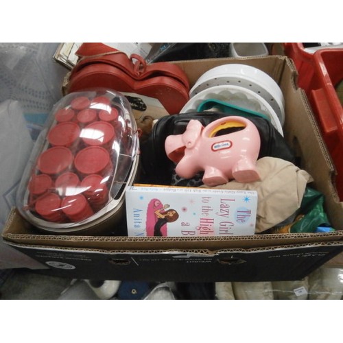 147 - Four boxes inc hair curlers, lamps, LPs, etc