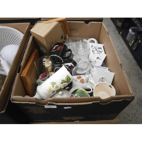 155 - Three boxes inc glassware, dome clock, AV receiver, letter rack, etc