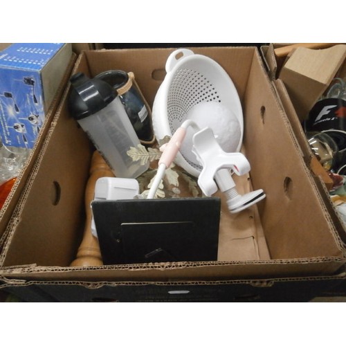 155 - Three boxes inc glassware, dome clock, AV receiver, letter rack, etc