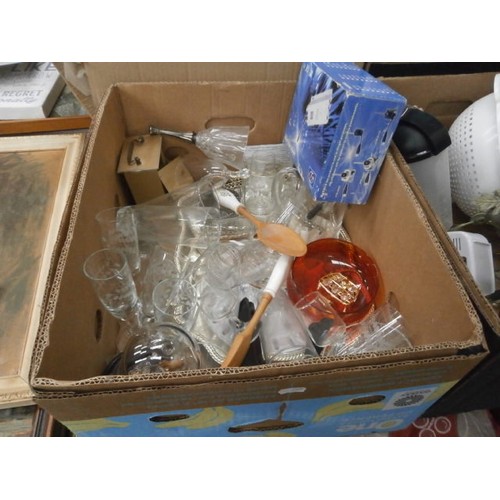 157 - Three boxes inc blender, candlesticks, decanter, lamps, etc
