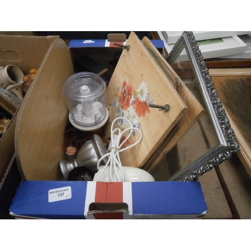 157 - Three boxes inc blender, candlesticks, decanter, lamps, etc