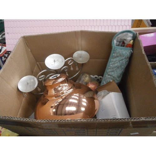 172 - Four boxes inc photo albums, candelabra, lampshade, handbags, etc