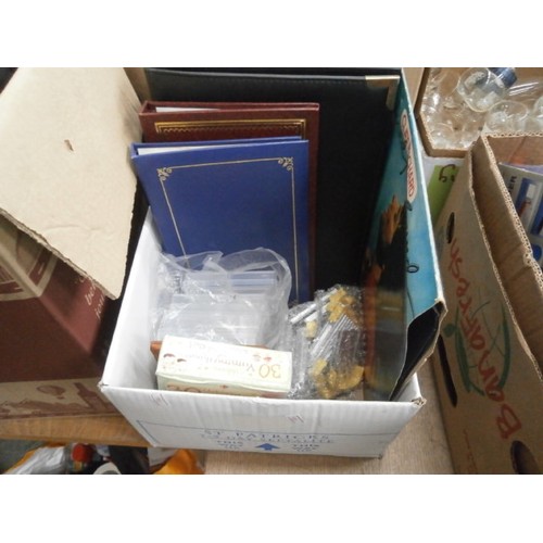 172 - Four boxes inc photo albums, candelabra, lampshade, handbags, etc