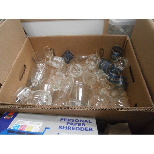 173 - Three boxes inc glassware, paper shredder, small carved table, etc