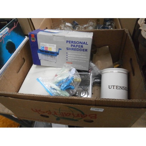 173 - Three boxes inc glassware, paper shredder, small carved table, etc