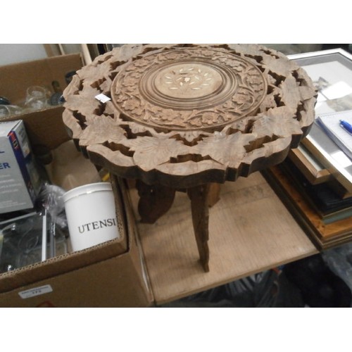 173 - Three boxes inc glassware, paper shredder, small carved table, etc