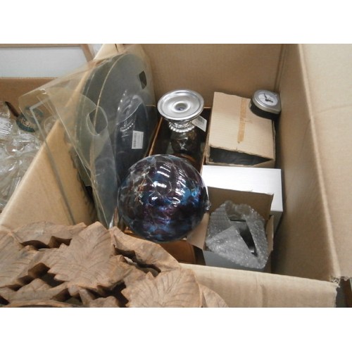 173 - Three boxes inc glassware, paper shredder, small carved table, etc