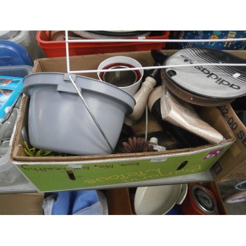 178 - Four boxes and bag inc vases, DVDs, badminton rackets, pans, etc