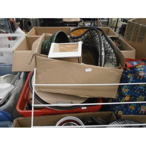 178 - Four boxes and bag inc vases, DVDs, badminton rackets, pans, etc