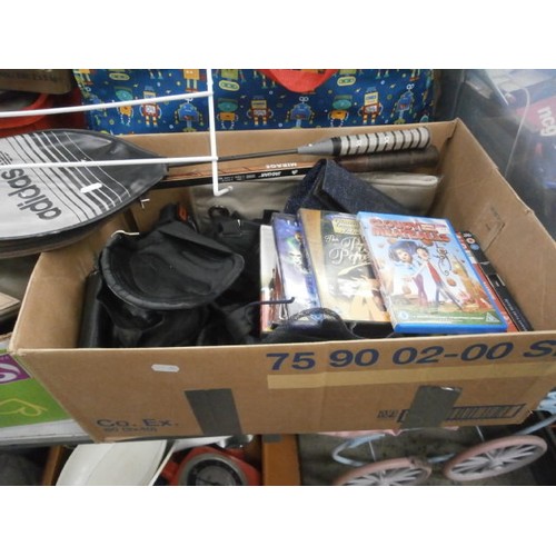 178 - Four boxes and bag inc vases, DVDs, badminton rackets, pans, etc
