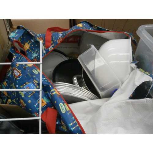 178 - Four boxes and bag inc vases, DVDs, badminton rackets, pans, etc