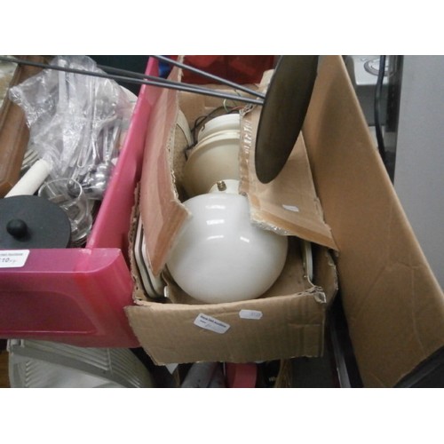 110 - Four boxes inc crockery, ceiling light/fan, Sony DVD/Video recorder, light bulbs, etc