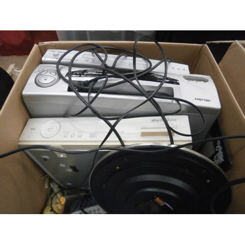 110 - Four boxes inc crockery, ceiling light/fan, Sony DVD/Video recorder, light bulbs, etc