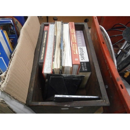 111 - Three boxes inc books, extension reel, router, etc