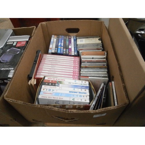 126 - Two boxes inc Sharp mini component system, DVDs, CDs.