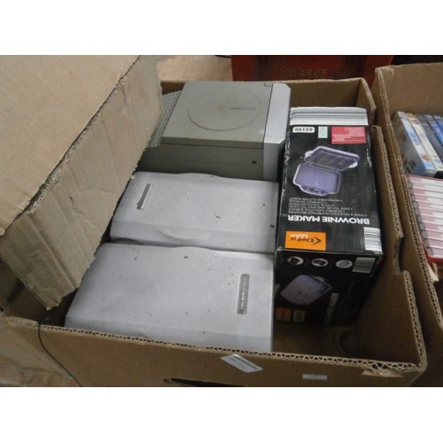 126 - Two boxes inc Sharp mini component system, DVDs, CDs.