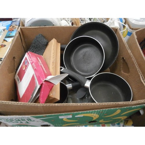 142 - Four boxes inc pans, Bread maker, toaster, light fittings, etc