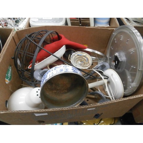 142 - Four boxes inc pans, Bread maker, toaster, light fittings, etc