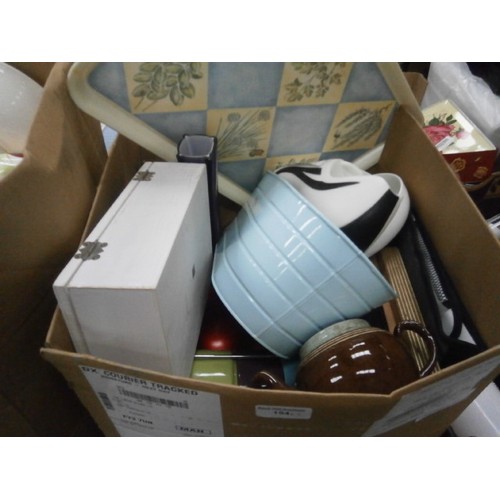 154 - Three boxes inc crockery, spice rack, keepsake box, soft toys, etc