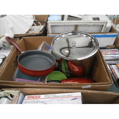 157 - Four boxes inc candle holders, garment steamer, plastic storage tubs, note pads, etc