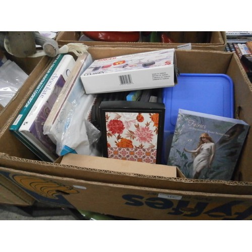 157 - Four boxes inc candle holders, garment steamer, plastic storage tubs, note pads, etc