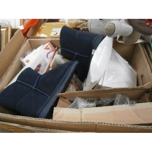 157 - Four boxes inc candle holders, garment steamer, plastic storage tubs, note pads, etc