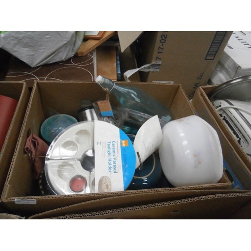 172 - Four boxes inc crockery, bread bin, gridle pan press, tealight holder, etc