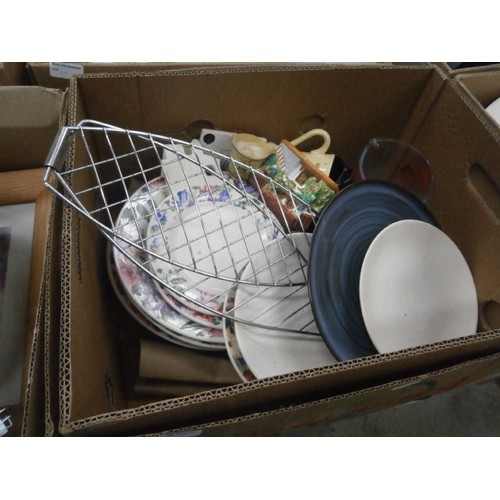 172 - Four boxes inc crockery, bread bin, gridle pan press, tealight holder, etc