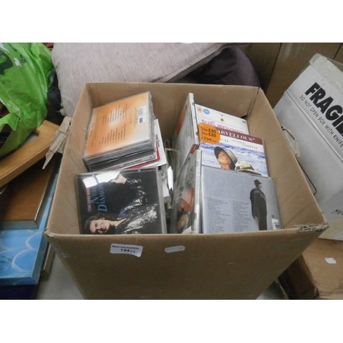 194 - Four boxes inc CDs, cushions, lamp, candelabra, bathroom scales, etc