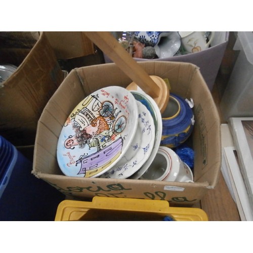 198 - Lot inc decorative plates, cooler box, teapots, vases, etc